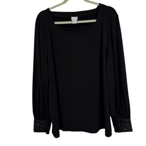 Chicos 4 Embellished Cuffs Square Neck Top size XXL Black Slinky knit Pullover